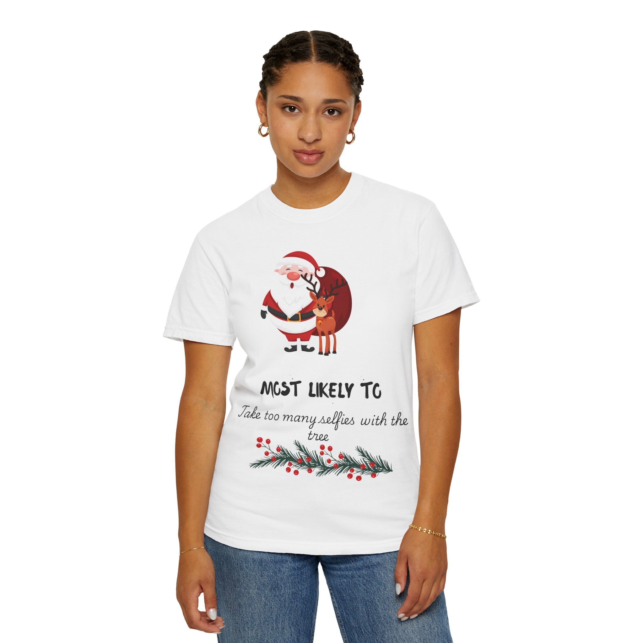 Christmas Santa & Reindeer T-Shirt — "Most Likely To Take Too Many Selfies With The Tree"