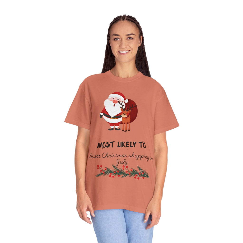 Christmas Shopper T-Shirt - "Most Likely To Start Christmas Shopping in July" Holiday Tee with Santa & Reindeer