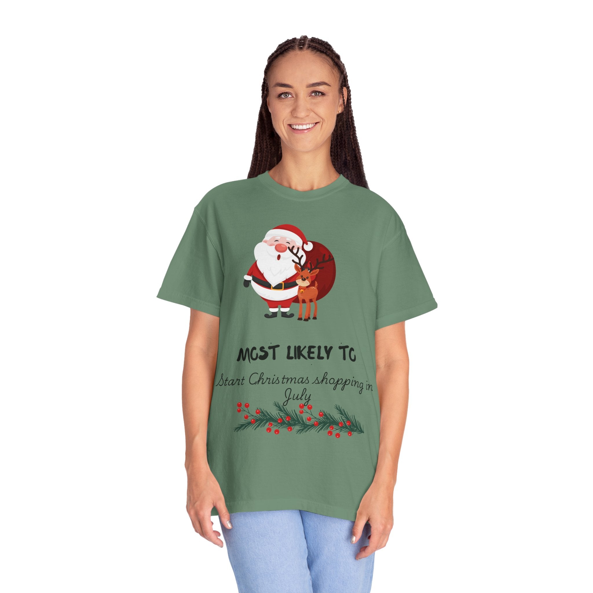 Christmas Shopper T-Shirt - "Most Likely To Start Christmas Shopping in July" Holiday Tee with Santa & Reindeer