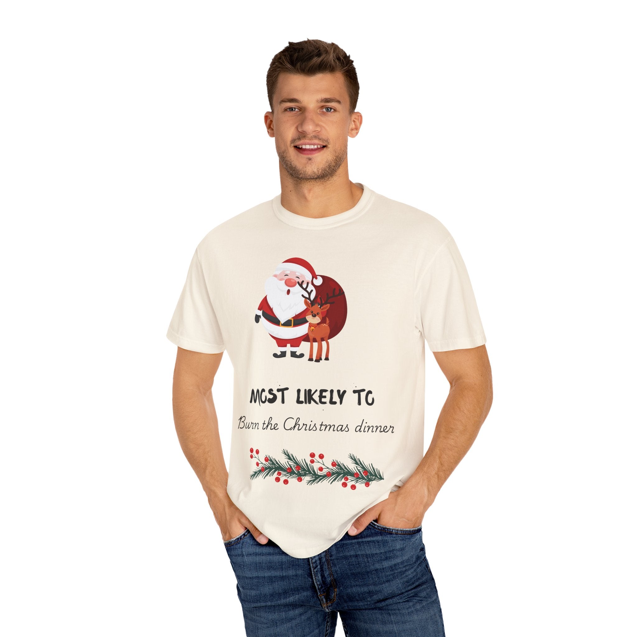 Christmas T-Shirt - "Most Likely To Burn the Christmas Dinner" Funny Holiday Tee