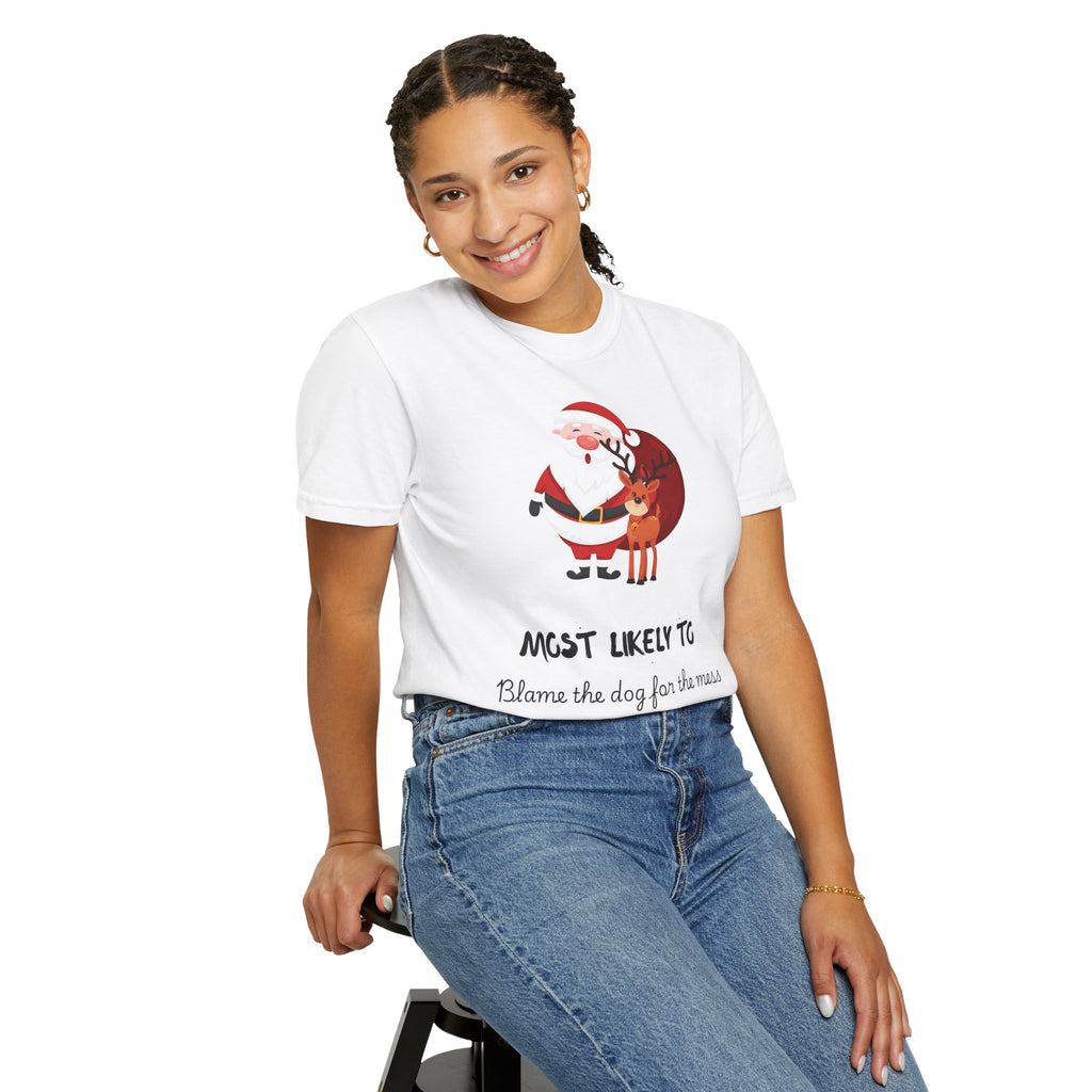 Most Likely To Blame The Dog Christmas T-Shirt — Santa & Reindeer Holiday Tee