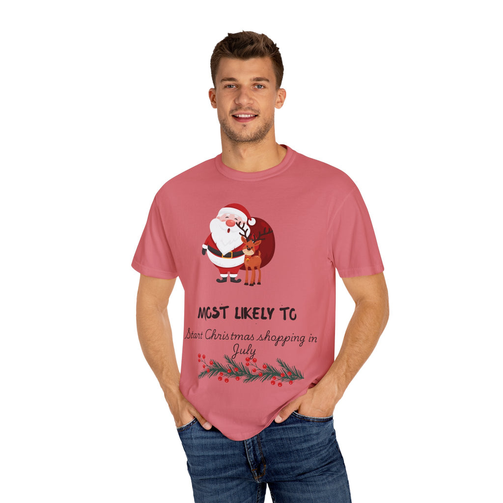 Christmas Shopper T-Shirt - "Most Likely To Start Christmas Shopping in July" Holiday Tee with Santa & Reindeer