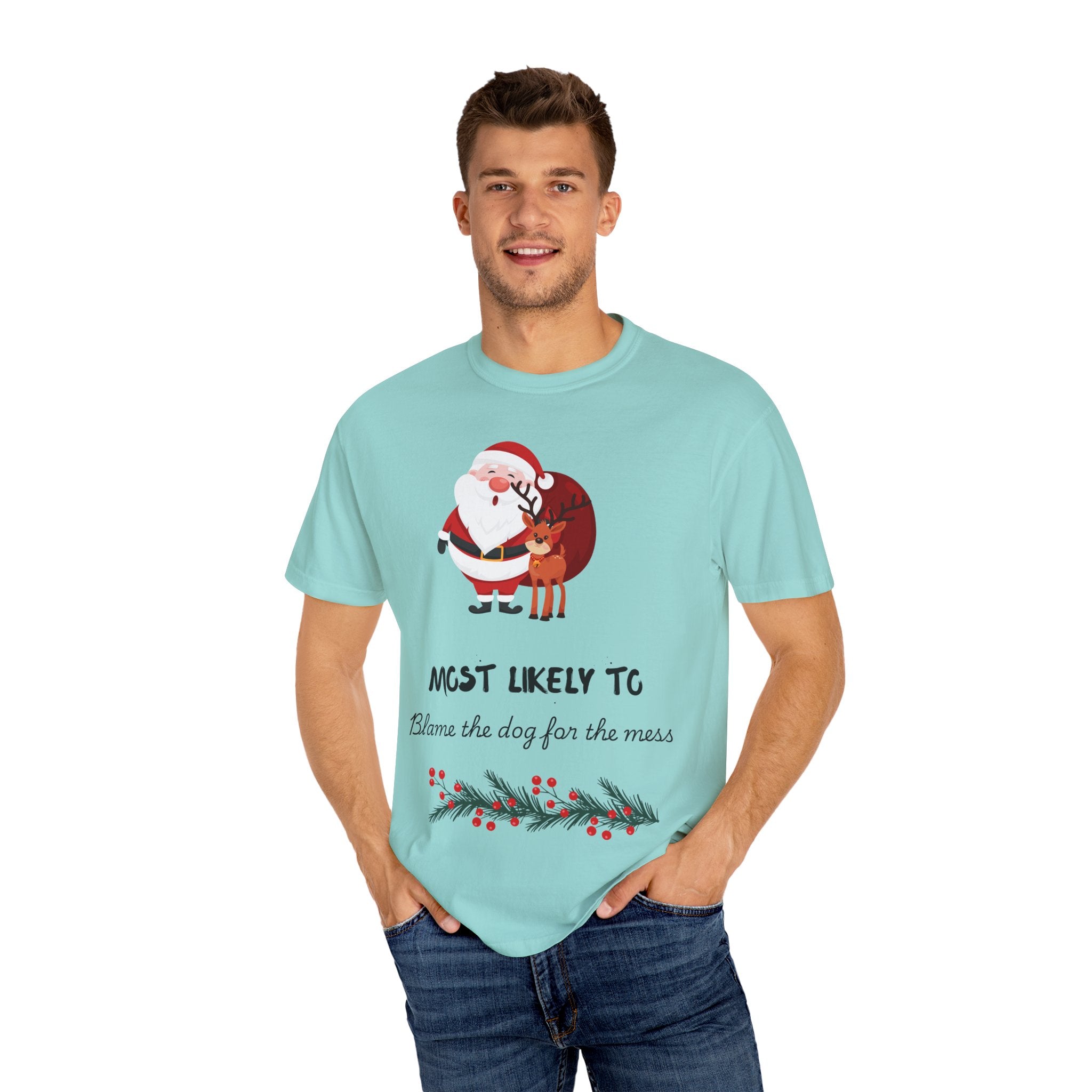 Most Likely To Blame The Dog Christmas T-Shirt — Santa & Reindeer Holiday Tee