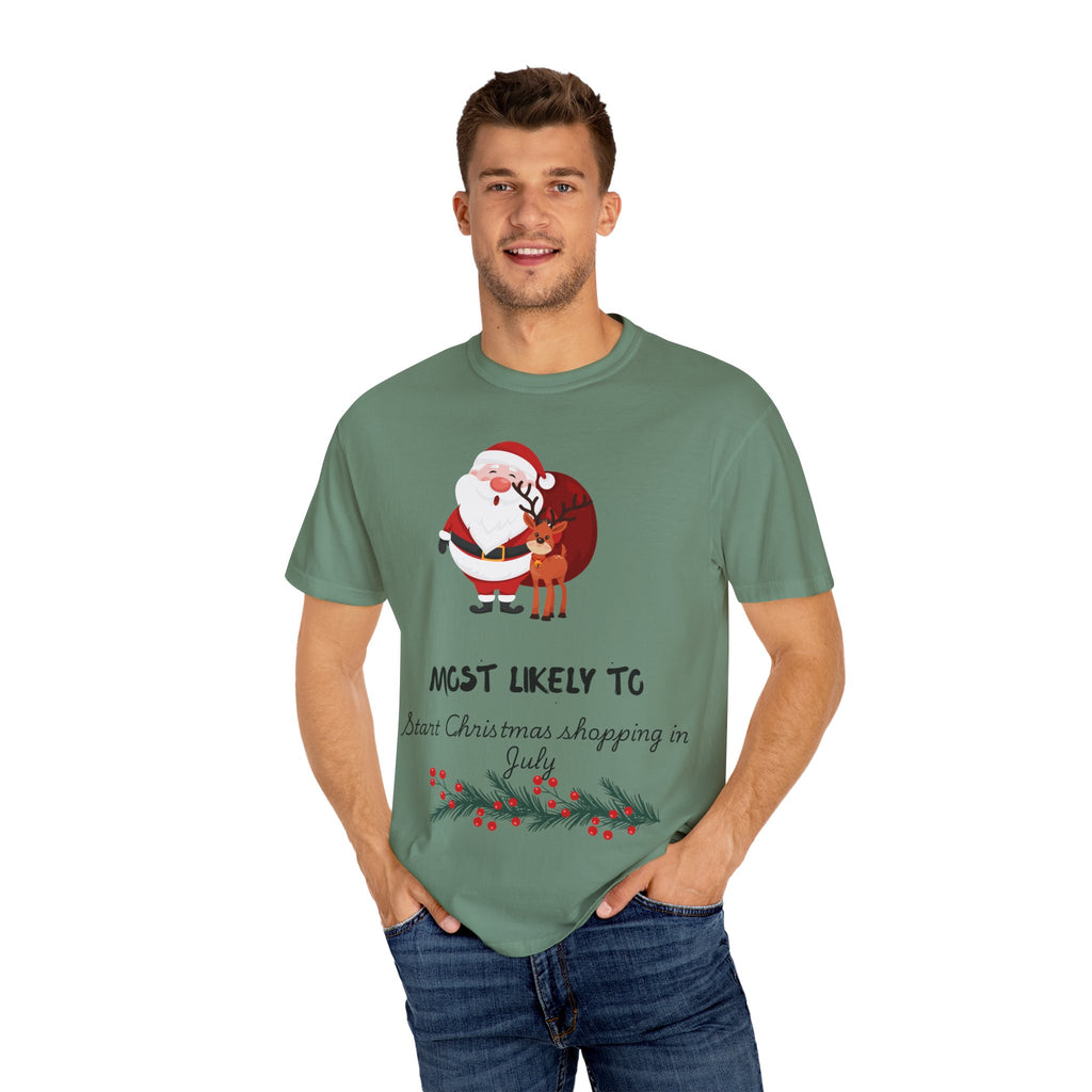 Christmas Shopper T-Shirt - "Most Likely To Start Christmas Shopping in July" Holiday Tee with Santa & Reindeer