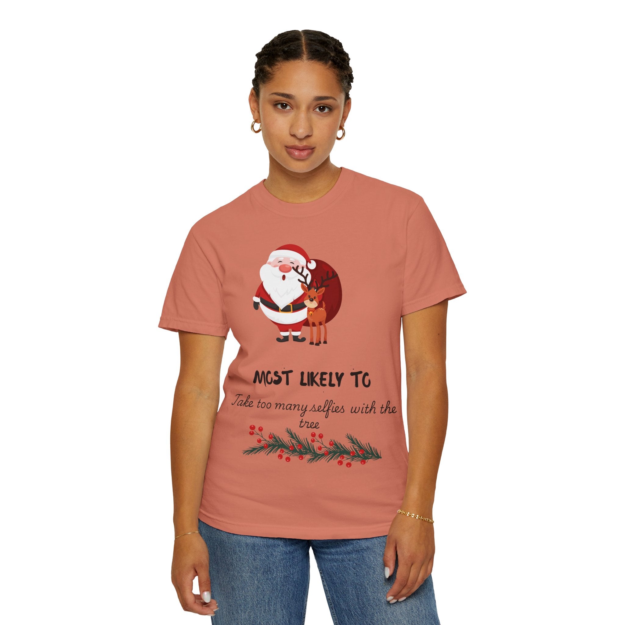 Christmas Santa & Reindeer T-Shirt — "Most Likely To Take Too Many Selfies With The Tree"
