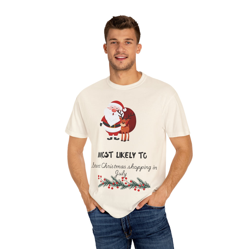 Christmas Shopper T-Shirt - "Most Likely To Start Christmas Shopping in July" Holiday Tee with Santa & Reindeer