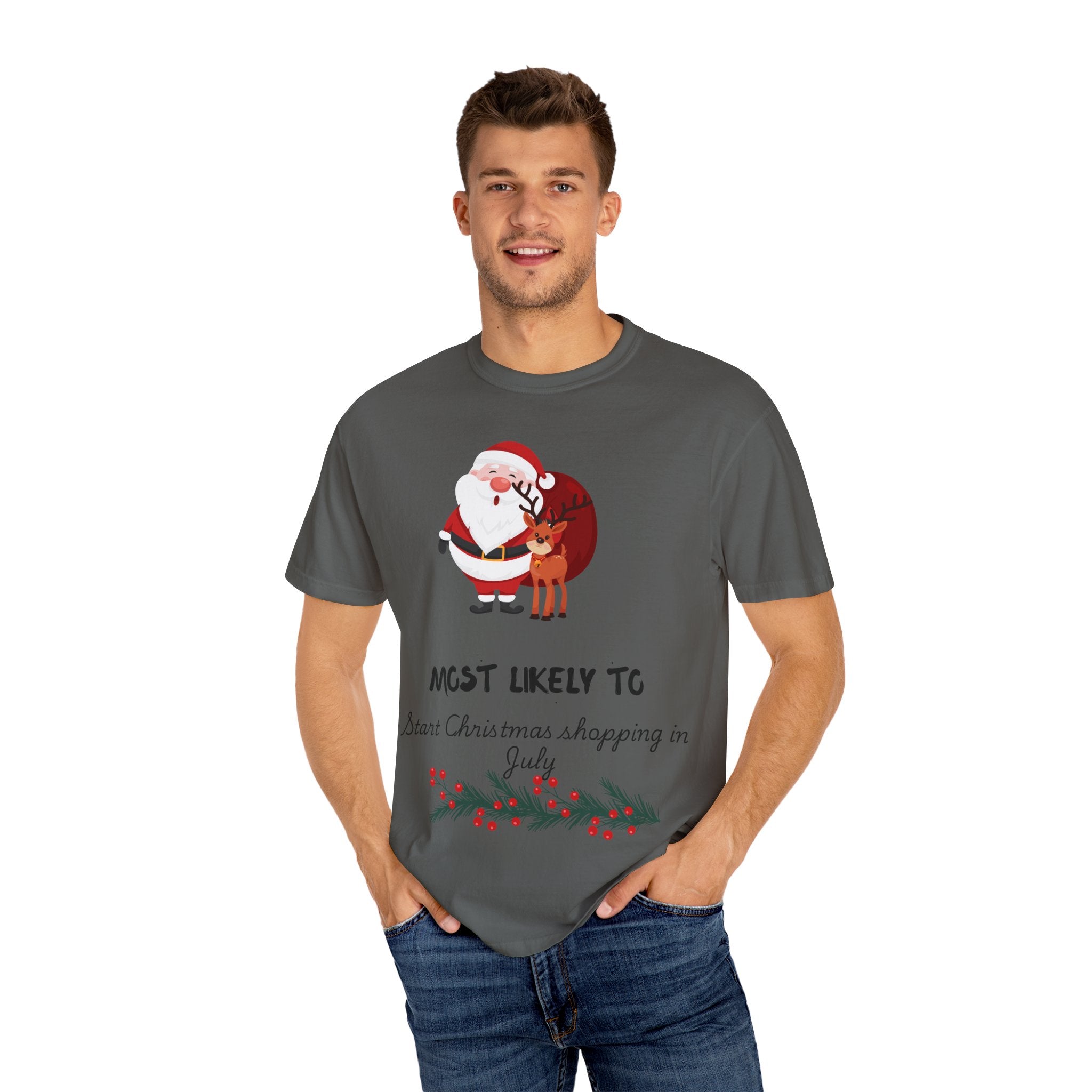 Christmas Shopper T-Shirt - "Most Likely To Start Christmas Shopping in July" Holiday Tee with Santa & Reindeer