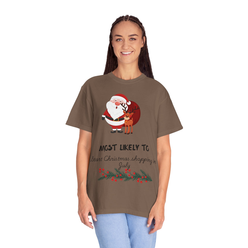 Christmas Shopper T-Shirt - "Most Likely To Start Christmas Shopping in July" Holiday Tee with Santa & Reindeer