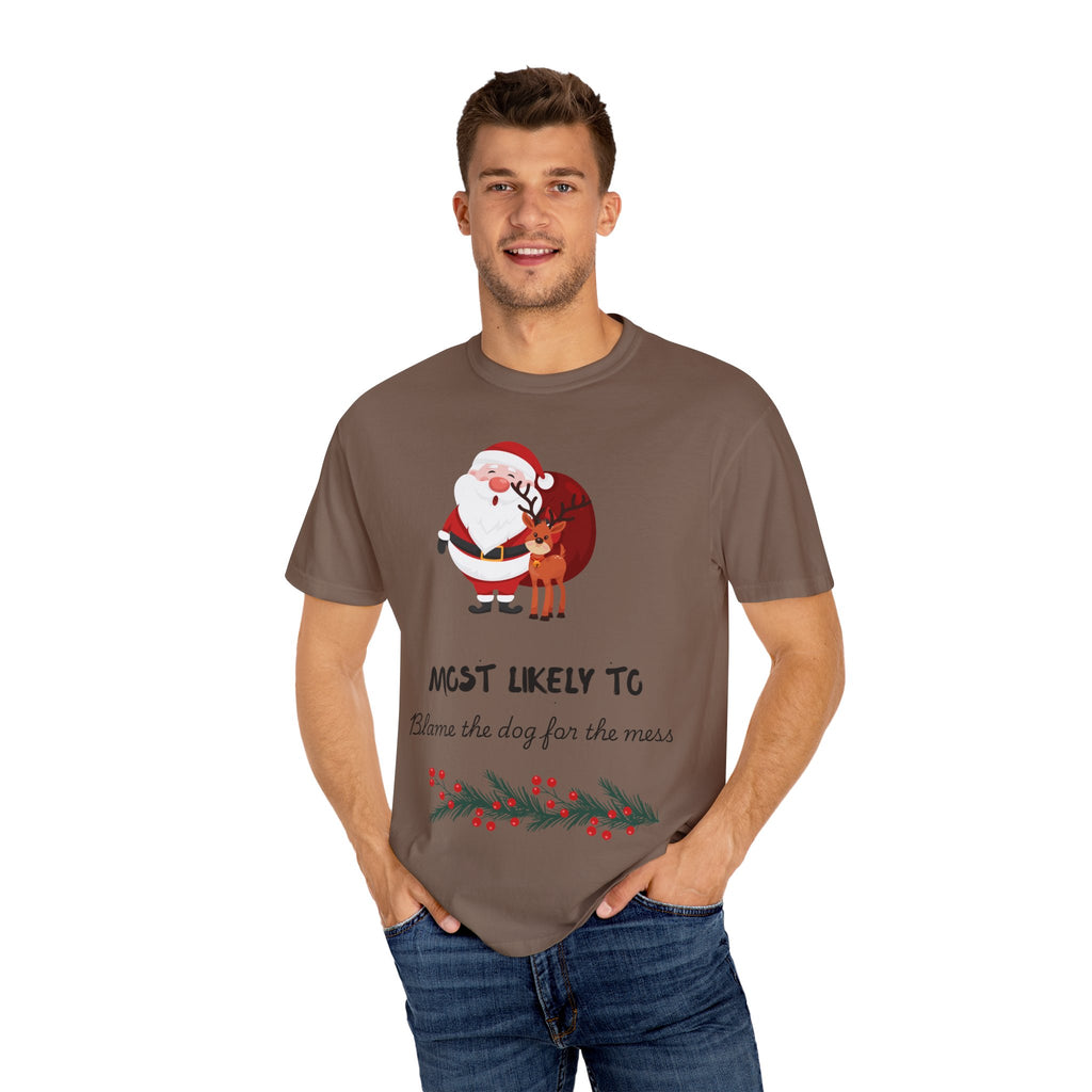 Most Likely To Blame The Dog Christmas T-Shirt — Santa & Reindeer Holiday Tee