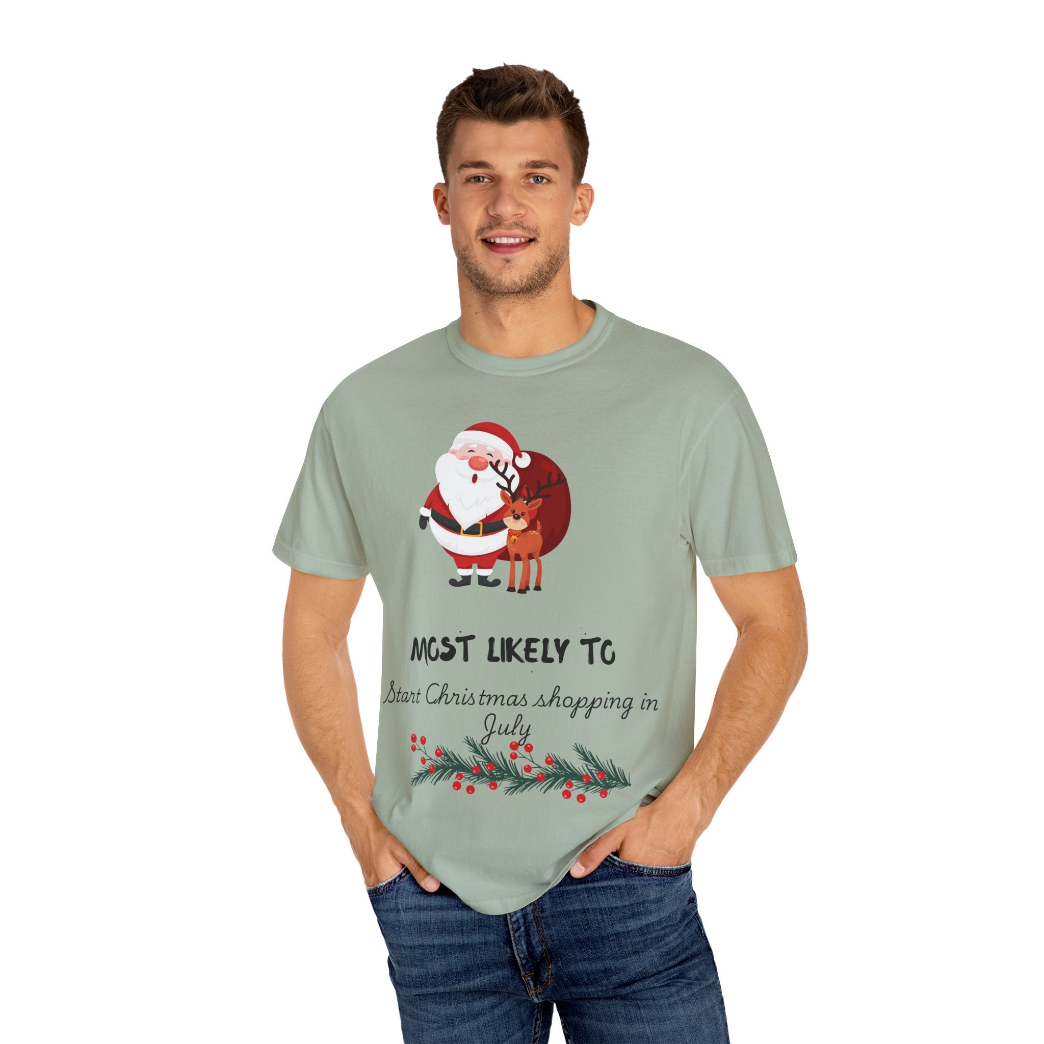 Christmas Shopper T-Shirt - "Most Likely To Start Christmas Shopping in July" Holiday Tee with Santa & Reindeer