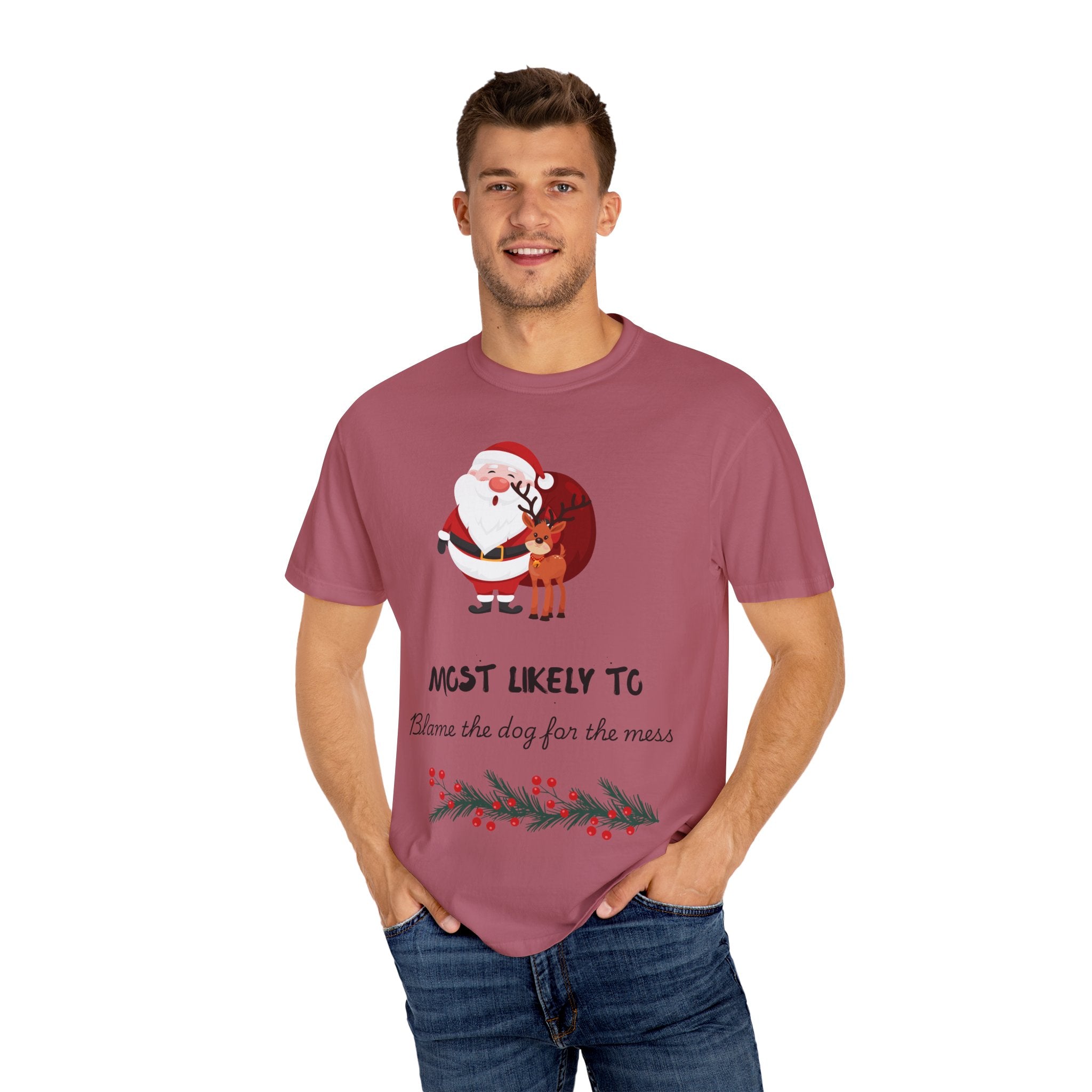 Most Likely To Blame The Dog Christmas T-Shirt — Santa & Reindeer Holiday Tee