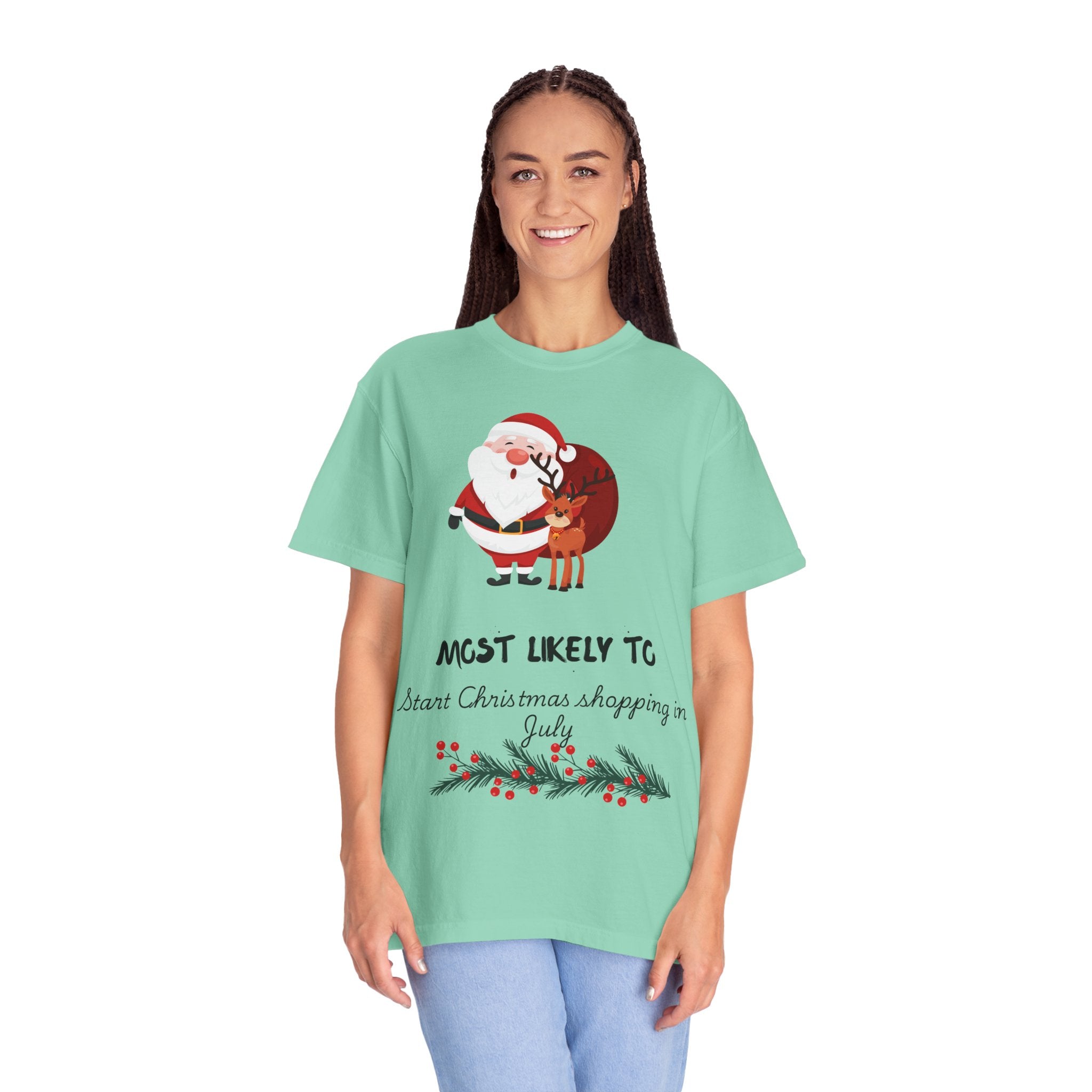 Christmas Shopper T-Shirt - "Most Likely To Start Christmas Shopping in July" Holiday Tee with Santa & Reindeer