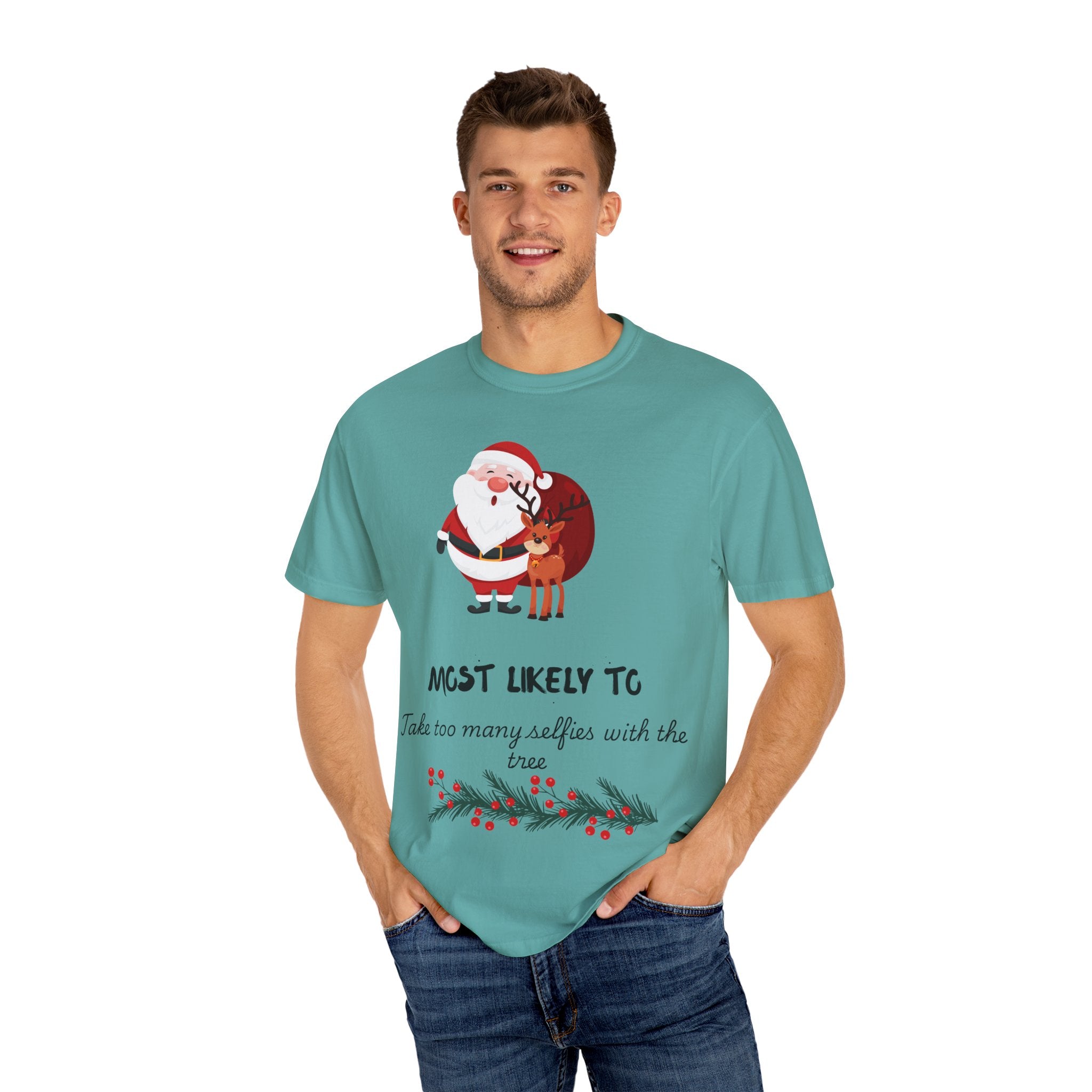 Christmas Santa & Reindeer T-Shirt — "Most Likely To Take Too Many Selfies With The Tree"