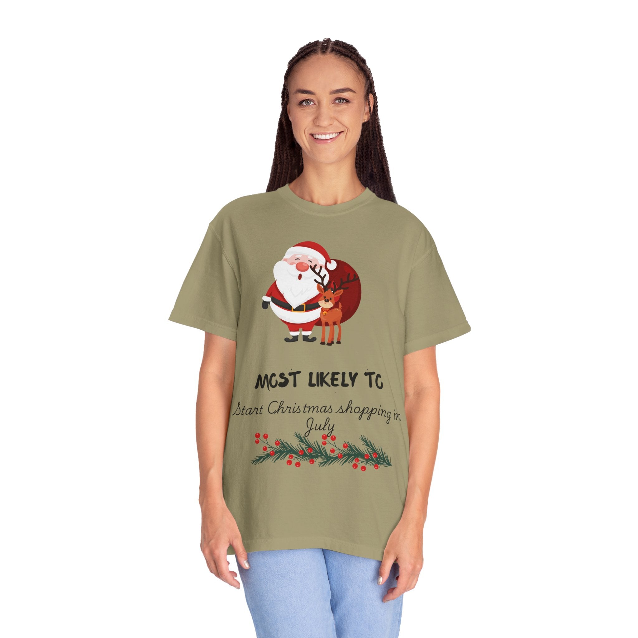 Christmas Shopper T-Shirt - "Most Likely To Start Christmas Shopping in July" Holiday Tee with Santa & Reindeer