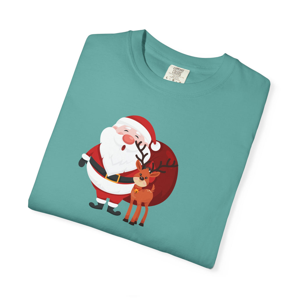 Christmas Santa & Reindeer T-Shirt — "Most Likely To Take Too Many Selfies With The Tree"