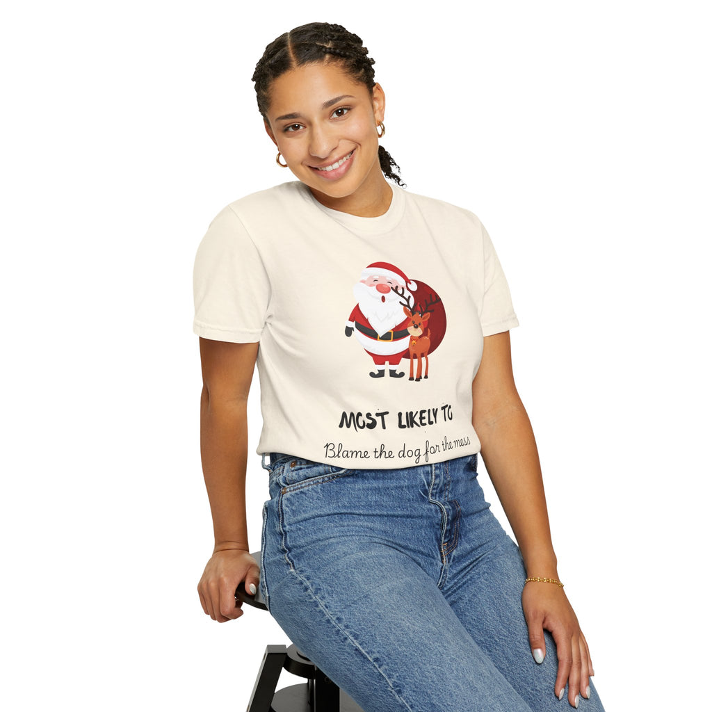 Most Likely To Blame The Dog Christmas T-Shirt — Santa & Reindeer Holiday Tee